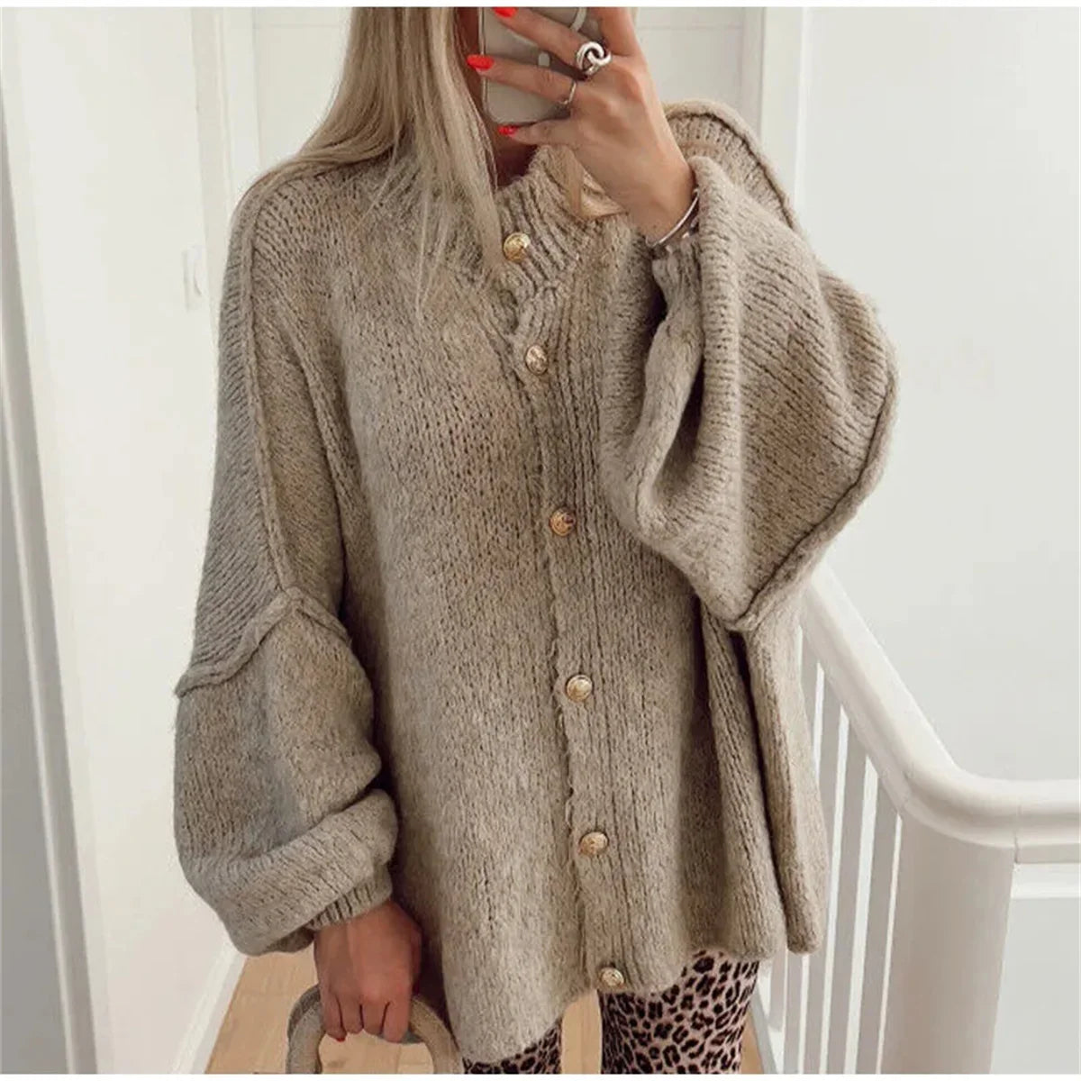 SW56™ Loose Sweater for Women O-Neck Metal Button Cardigan Casual Outwear