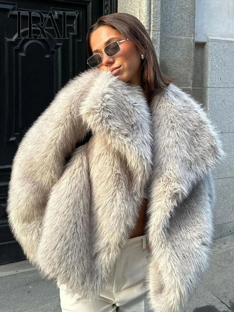 SW56™ Fluffy Woven Jacket for Women Loose Stand Collar Long Sleeve Coat 2