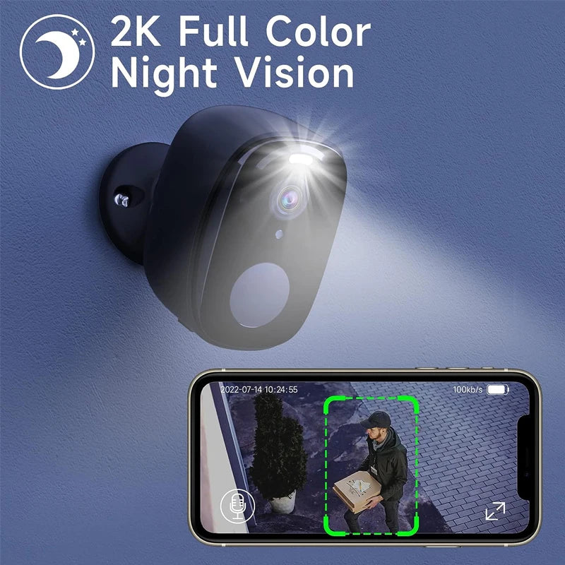 Security Camera Wireless Outdoor, 2K Battery Powered Wifi Camera AI Motion Siren Spotlight