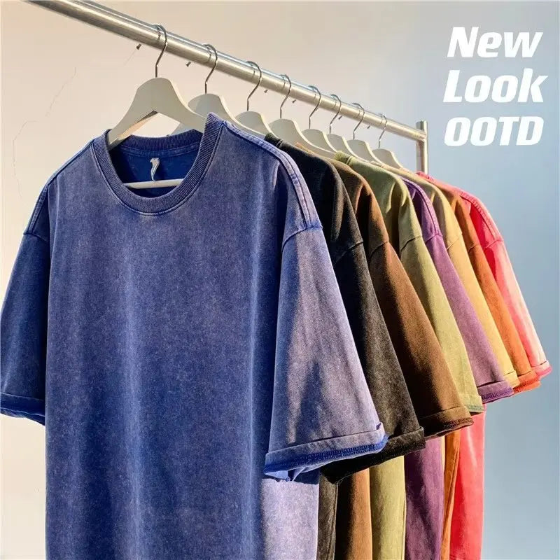 SW56™ Solid Color Short Sleeved T-Shirt Men Women Summer Street Trendy Washed Old Oversized Clothes