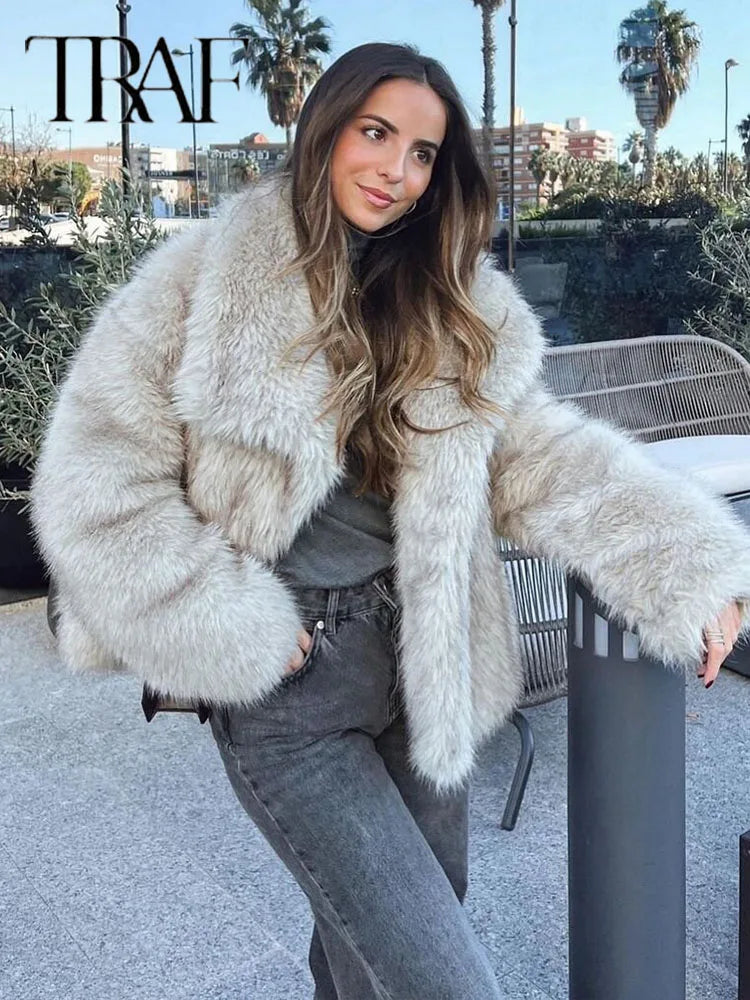 SW56™ Fluffy Woven Jacket for Women Loose Stand Collar Long Sleeve Coat 2
