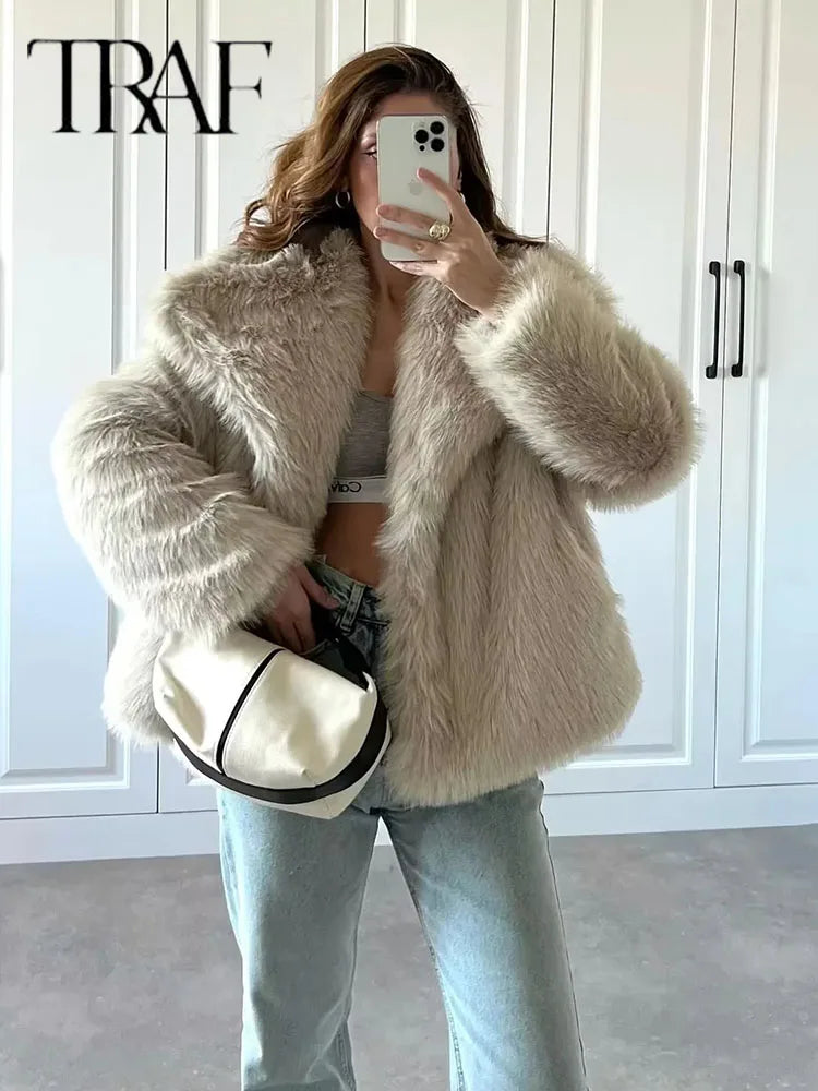 SW56™ Fluffy Woven Jacket for Women Loose Stand Collar Long Sleeve Coat 2