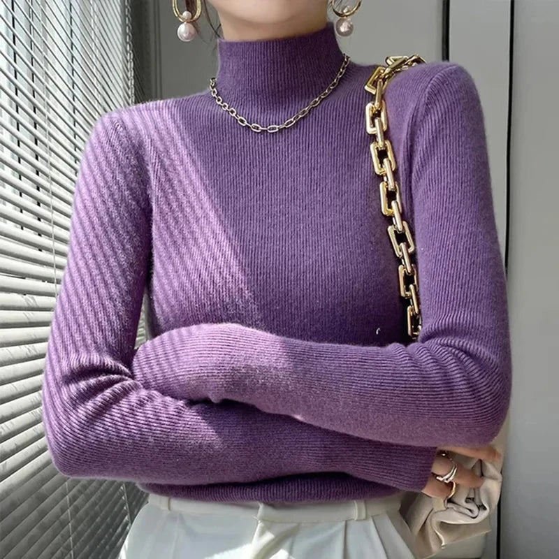 SW56™ Solid Sweater Women Half Turtleneck Knitted Pullover Casual Style Outwear