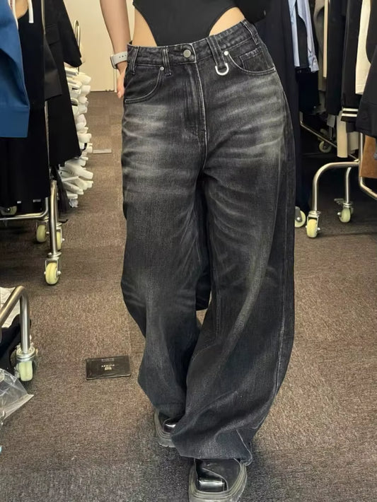 STYLA - Vintage Black Wide Leg Dennim Jeans Women Oversized High Street Korean Style 