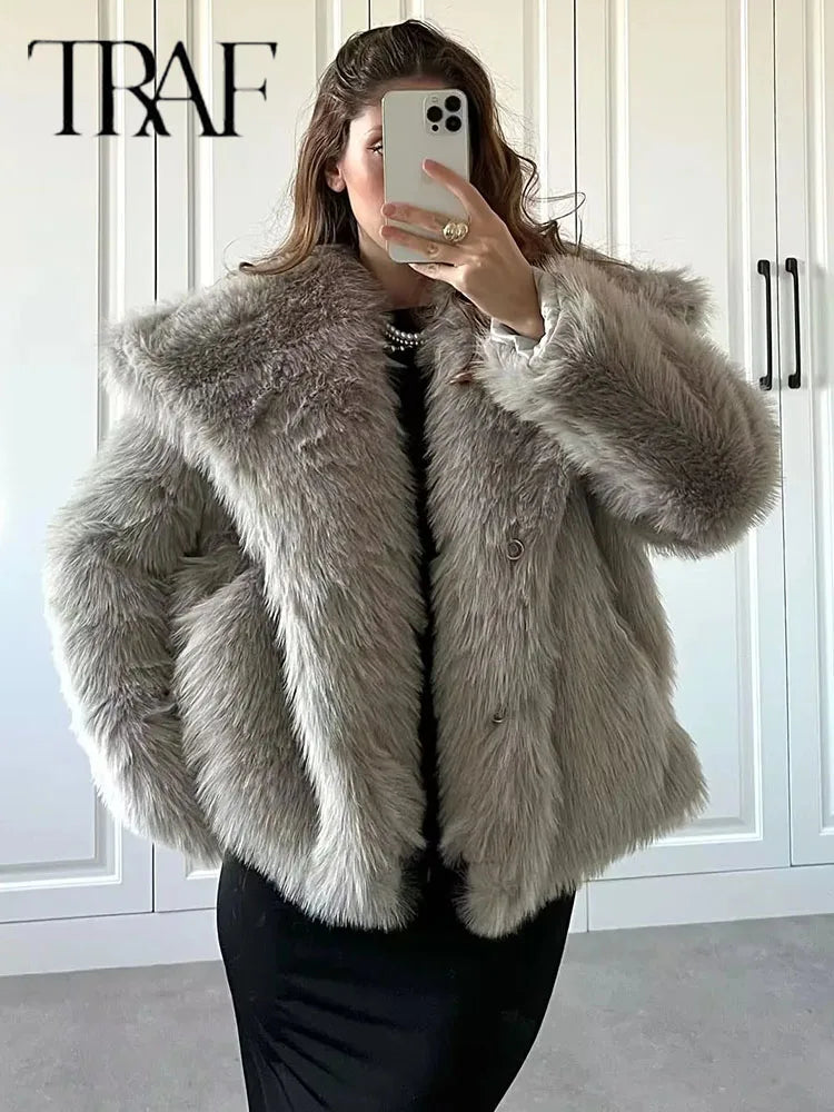 SW56™ Fluffy  Woven Jacket for Women Loose Stand Collar Long Sleeve Coat 2