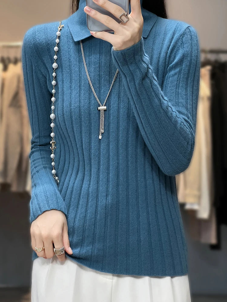 SW56™ Polo Collar Womens Knitted Sweater Long Sleeve Slim Fit 