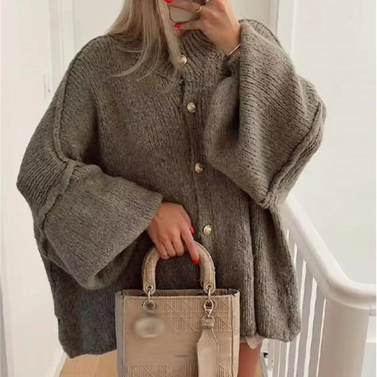 SW56™  Loose Sweater for Women O-Neck Metal Button Cardigan  Casual Outwear