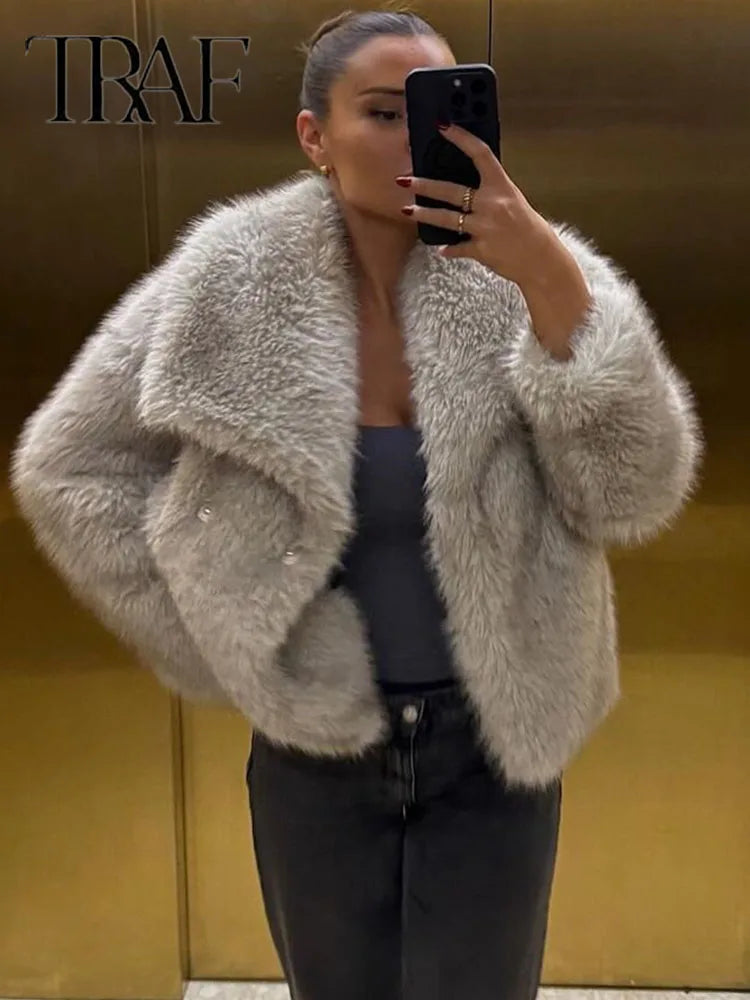 SW56™ Fluffy  Woven Jacket for Women Loose Stand Collar Long Sleeve Coat 2