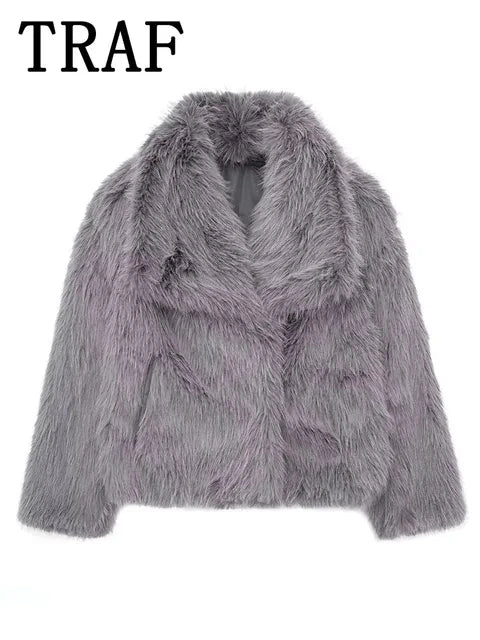 SW56™ Fluffy  Woven Jacket for Women Loose Stand Collar Long Sleeve Coat 2