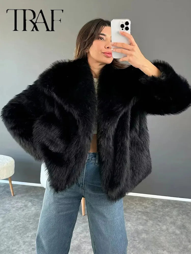 SW56™ Fluffy  Woven Jacket for Women Loose Stand Collar Long Sleeve Coat 2